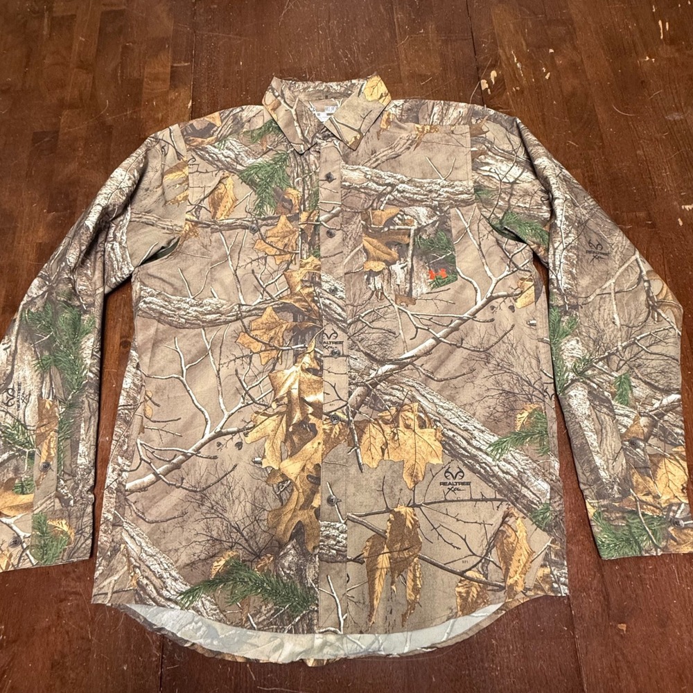 Under Armour Button Down Mens Medium Brown Realtree Xtra Camo HeatGear Shirt